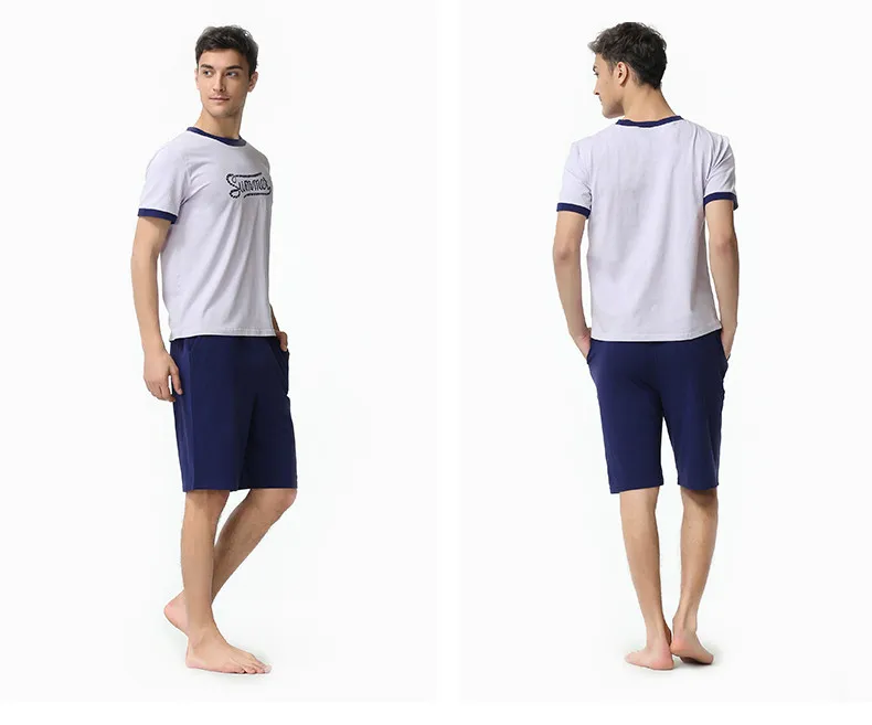 Летняя брендовая домашняя одежда для мужчин повседневные пижамные комплекты Мужской MO хлопковый спальный костюм для влюбленных короткий рукав с круглым вырезом рубашка+ шорты