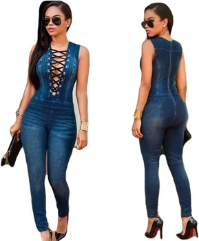 

New Fashion Women Ladies Denim Sleeveless Bodysuits Jumpsuits Full Length Lace Up Playsuits Hot Sales