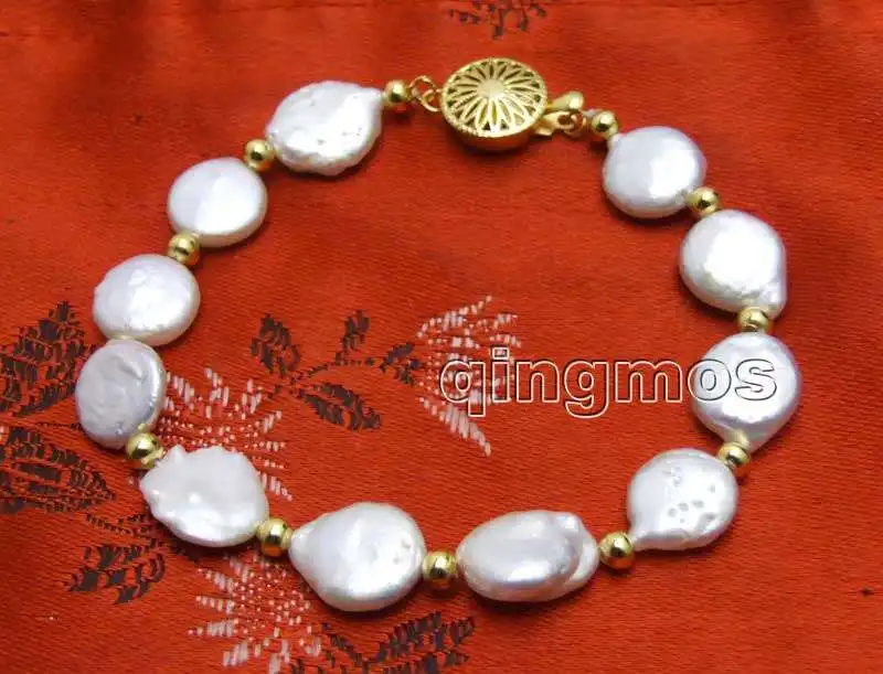 Qingmos натуральный круглый браслет из пресноводного белого жемчуга с монеткой для женщин 13-14 мм круглые ювелирные изделия из жемчуга 7," bra137