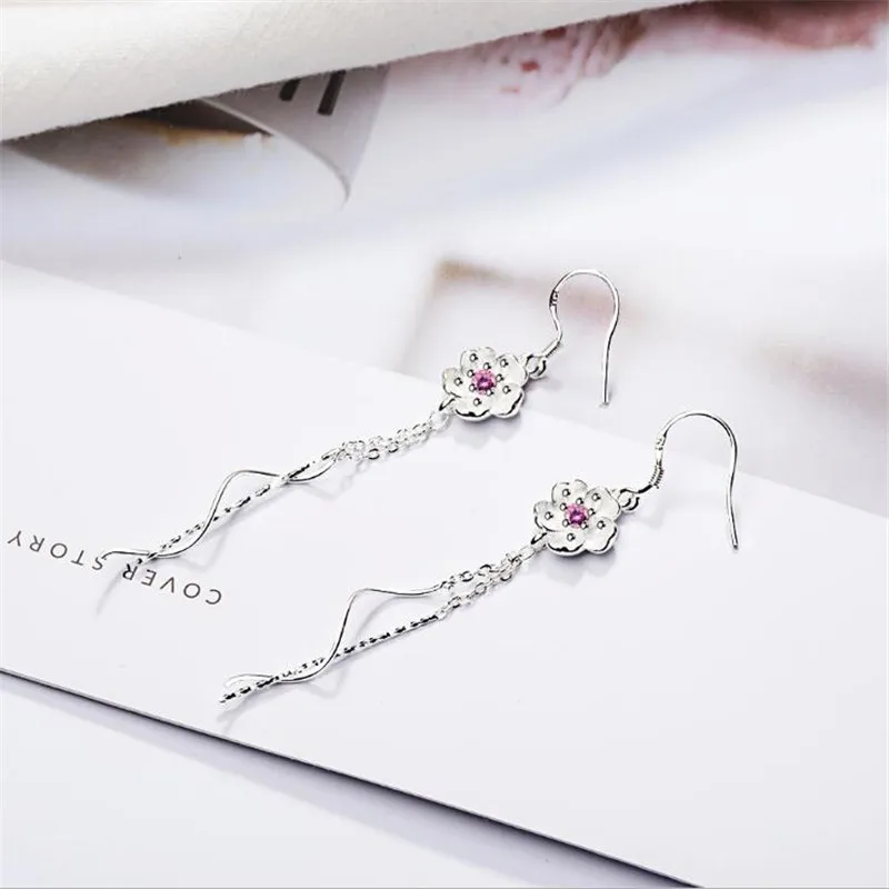 

Korean Temperament Long Tassel Fashion 925 Sterling Silver Jewelry Wave Cherry Blossoms Flowers Crystal Dangle Earrings SE501