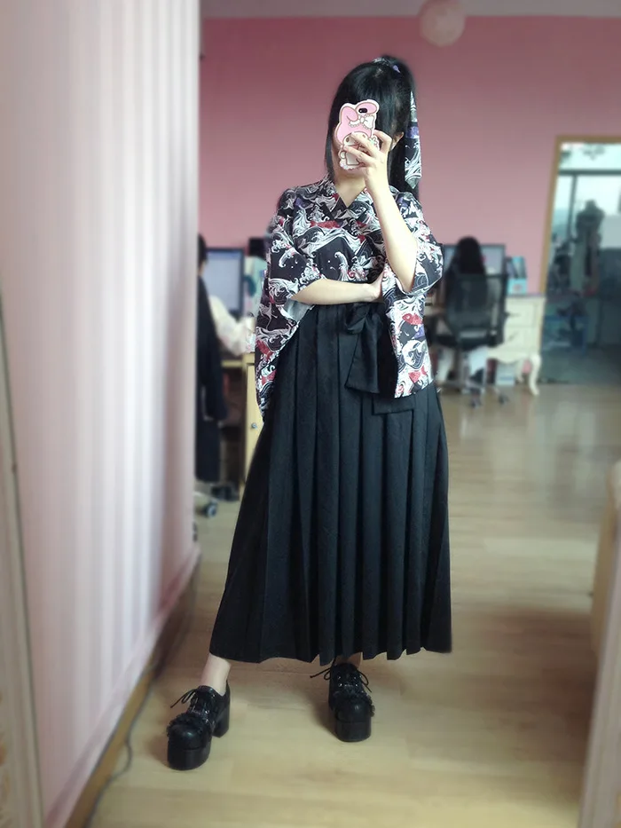 Yabuji флаг с изображением карпа Yamato печать Haori топы кимоно + плиссированная юбка