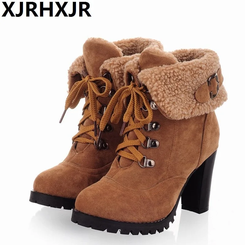 

XJRHXJR 2019 Women Platform Thick Heel Ankle Boots Woman Round Toe Lace Up Heels Shoes Woman Warm Fur Botas Feminina Size 32-43
