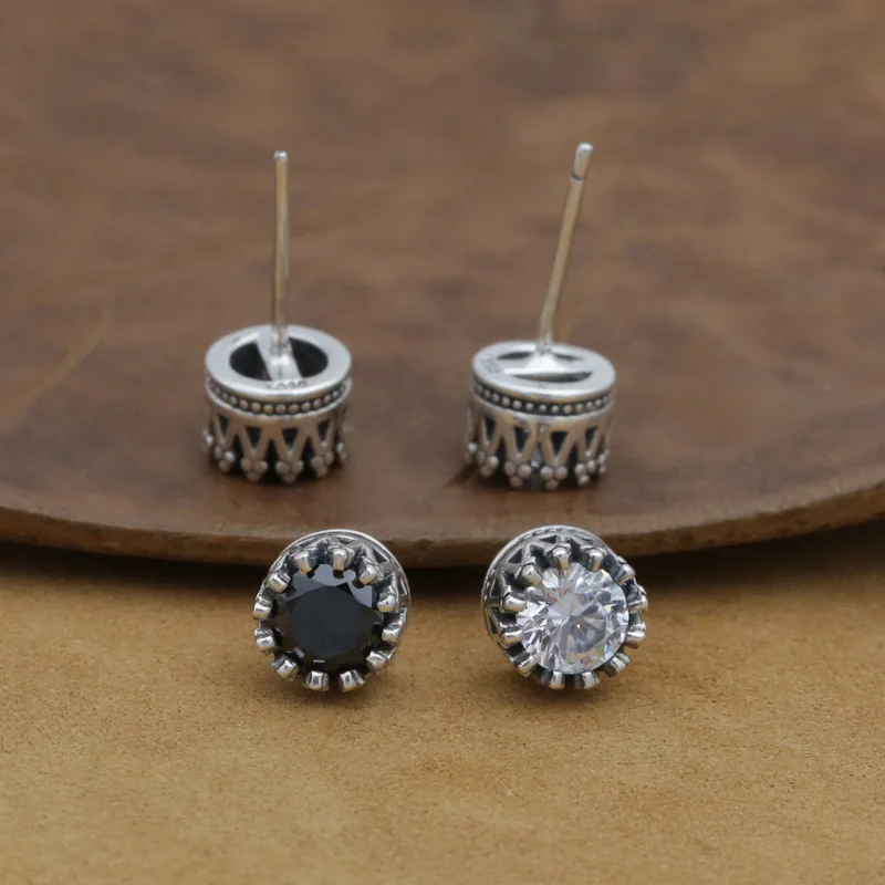 NEW! Vintage 925 Silver Earrings Thai Silver Black Zircon Earrings Real