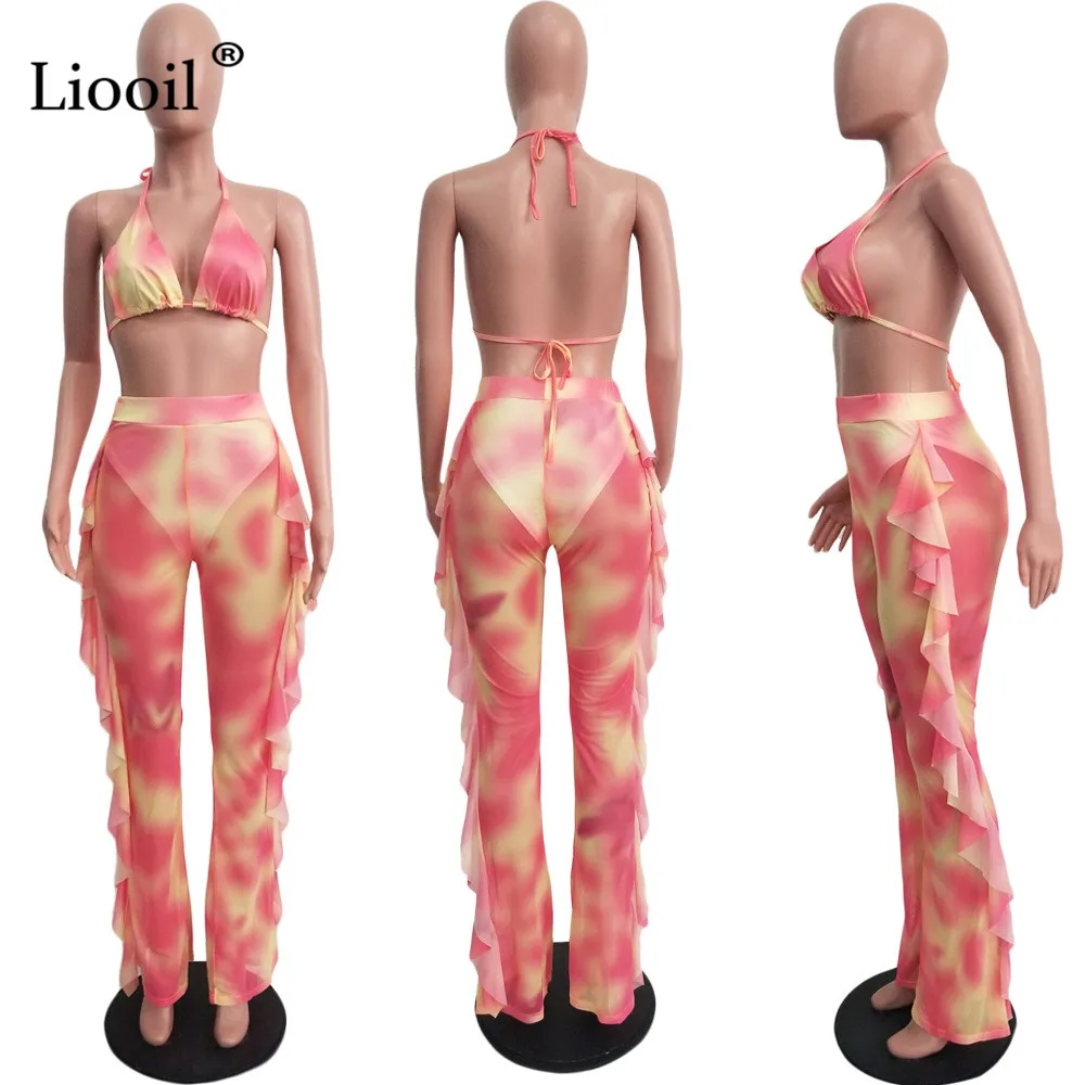 Liooil Tie Dye, комплект из 2 предметов, сексуальный женский комбинезон с открытой спиной и рюшами, v-образный вырез, открытые вечерние комбинезоны, неоновый женский комбинезон