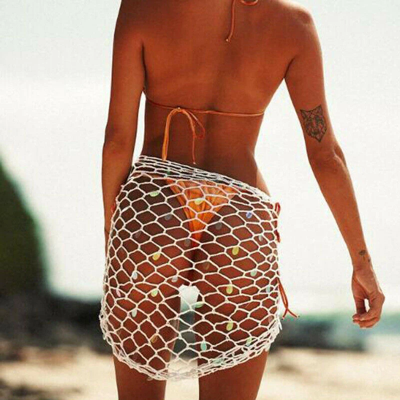 

New Sexy Women Fishnet Sequins Hollow Skirts 2019 Beach Wear Cover Up Summer Wrapped Bandage Skirts Lady Holiday Bathing Skirt
