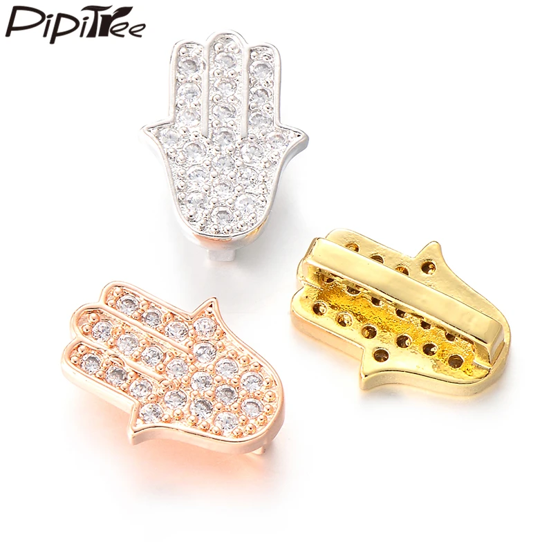 

Pipitree Copper Clear CZ Zircon Hamsa Hand Charms Mesh Bracelet Slider Beads Charms for Jewelry Making Accessories Nickle Free