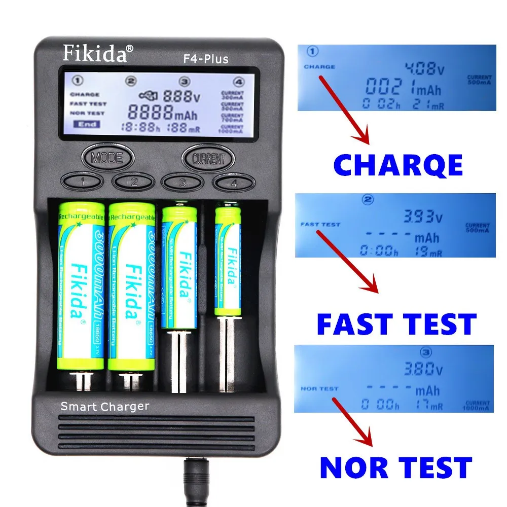 

100% fikida F4 plus LCD 3.7 V 18650 18350 18500 16340 17500 25500 10440 14500 26650 1,2 V AA AAA NiMH battery magazine de LiTiO