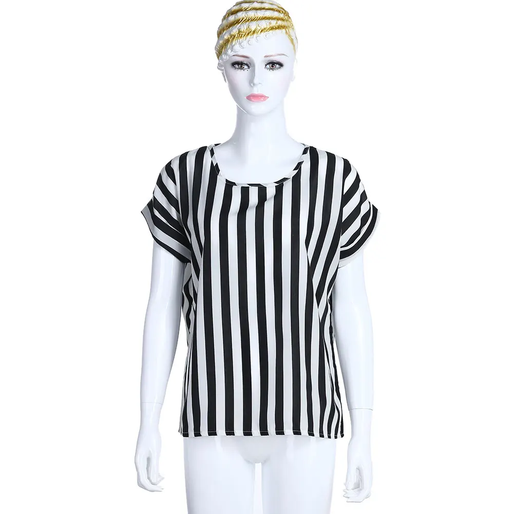 

Summer Fashion O Neck Striped Printed Women Tops Black White Short Sleeve Female T-Shirts Loose Chiffon t-Shirt Feminino