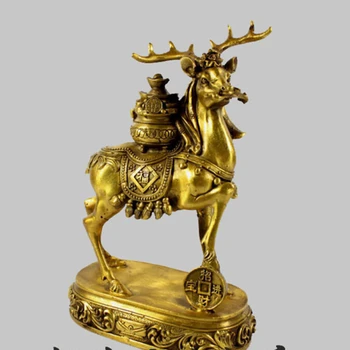 

6" Chinese Bronze Lucky Longevity Deer Sika Cornucopia Ingot Statue R0713