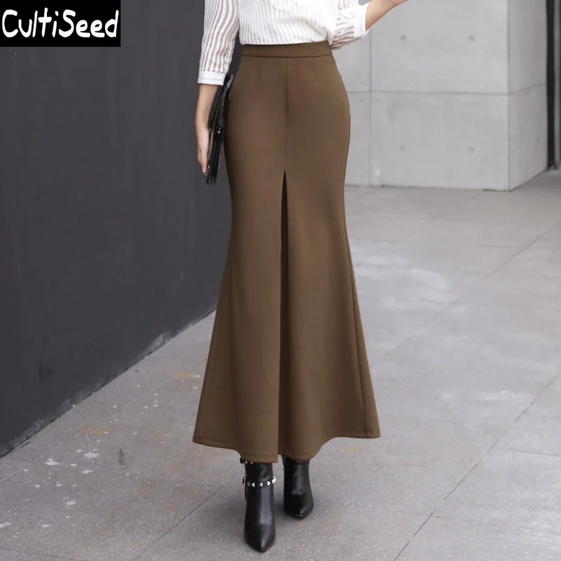 

Woolen Mermaid Trumpet Skirt 2018 Female Autumn Vintage High Waist Elegant Office Work Slim Hip Long Skirts Clothes