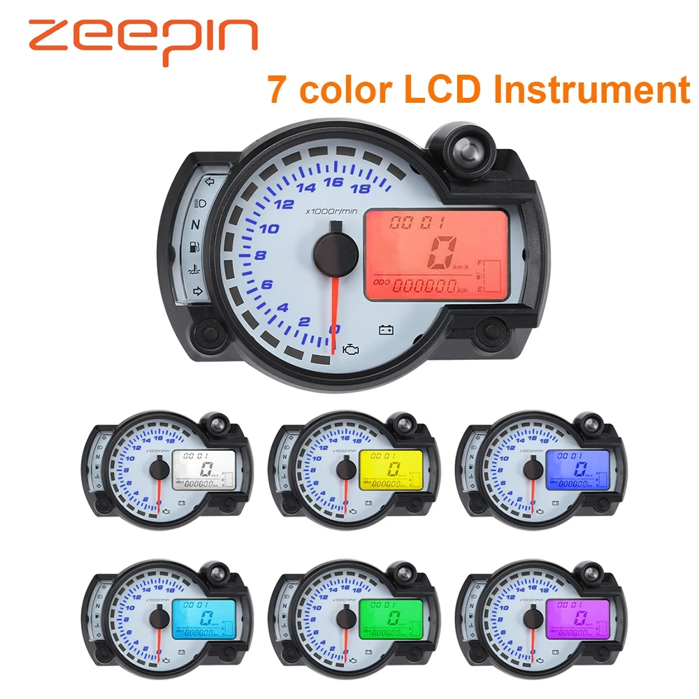 

Motorcycle Meter Digital Speedometer Tachometer Odometer LCD Fuel Gauge DC 12V MAX 299KM/H 7 Color Display Adjustable