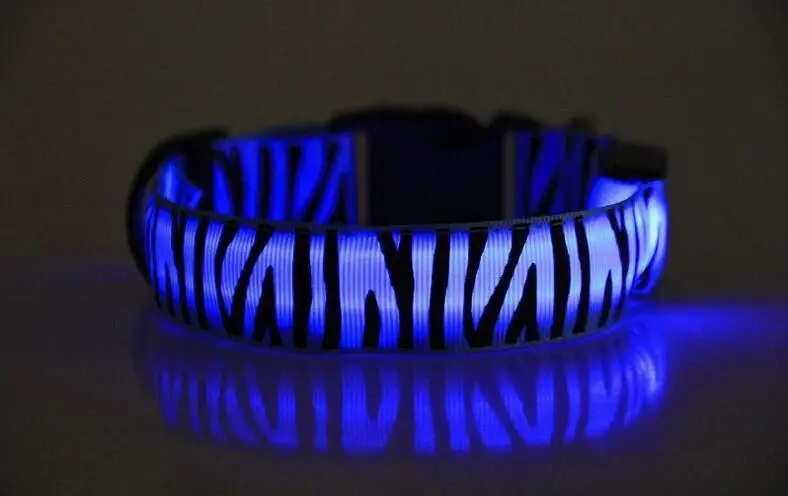 Зебра нейлоновый ошейник для собаки вспышка ночной безопасности светодиодный светящийся собачья упряжь, для домашних животных товары для кошек ошейники собаки светящийся флуоресцентный - Цвет: Синий