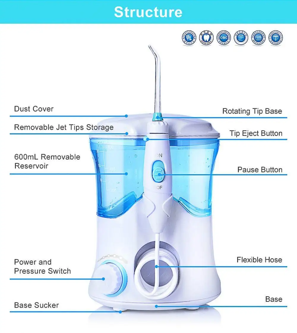 Новое поступление FC-169 FDA Вода Flosser с 7 наконечниками Электрический ирригатор для полости рта зубная нить 600 мл емкость гигиена полости рта