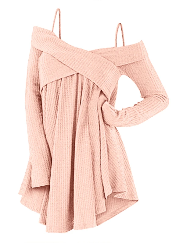 Wipalo/туника с открытыми плечами и перекрещивающимися ремешками; свитер для женщин; осенний пуловер; пикантная повседневная женская верхняя одежда; вязаный джемпер; топы; 2XL - Цвет: Pig Pink
