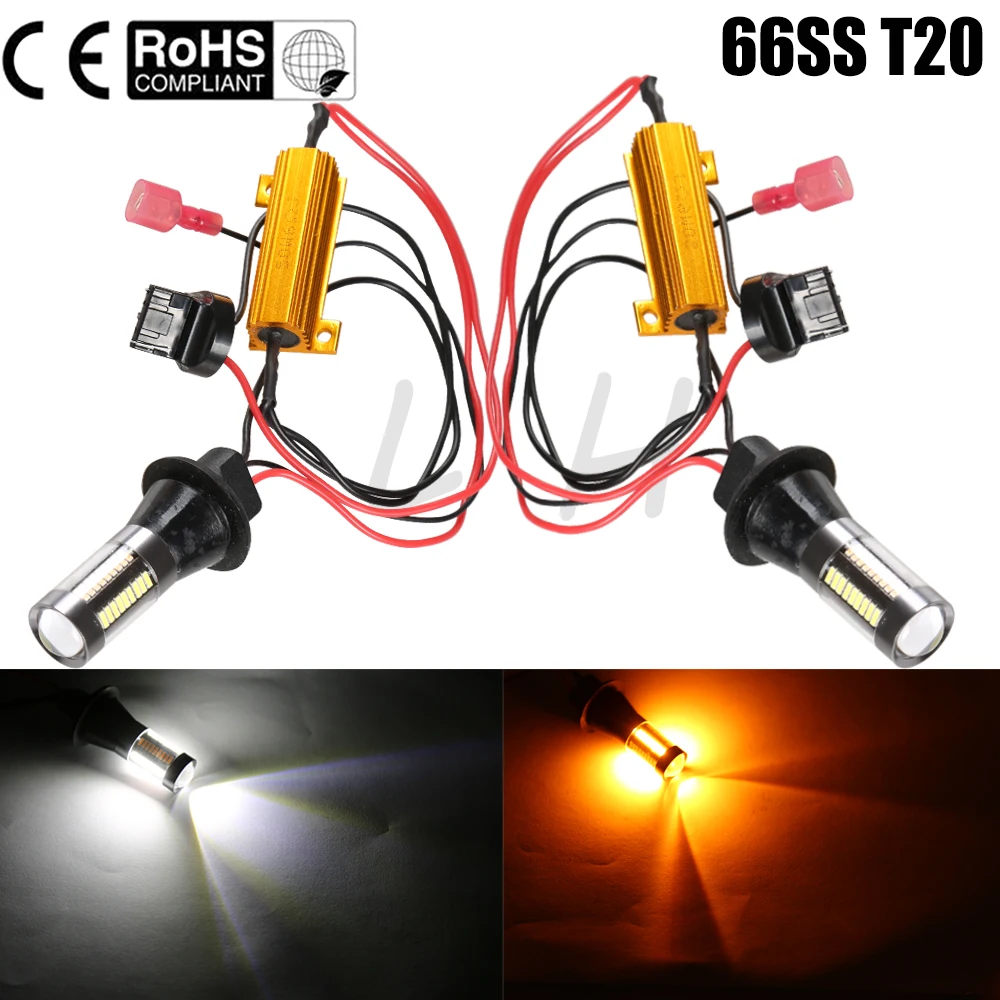 

New 2x LED Light Dual Color Switchback Turn Signal DC 12-24V T20 7440 66SMD 30W Car Lamp Bulb Daytime Running Light DRL Canbus