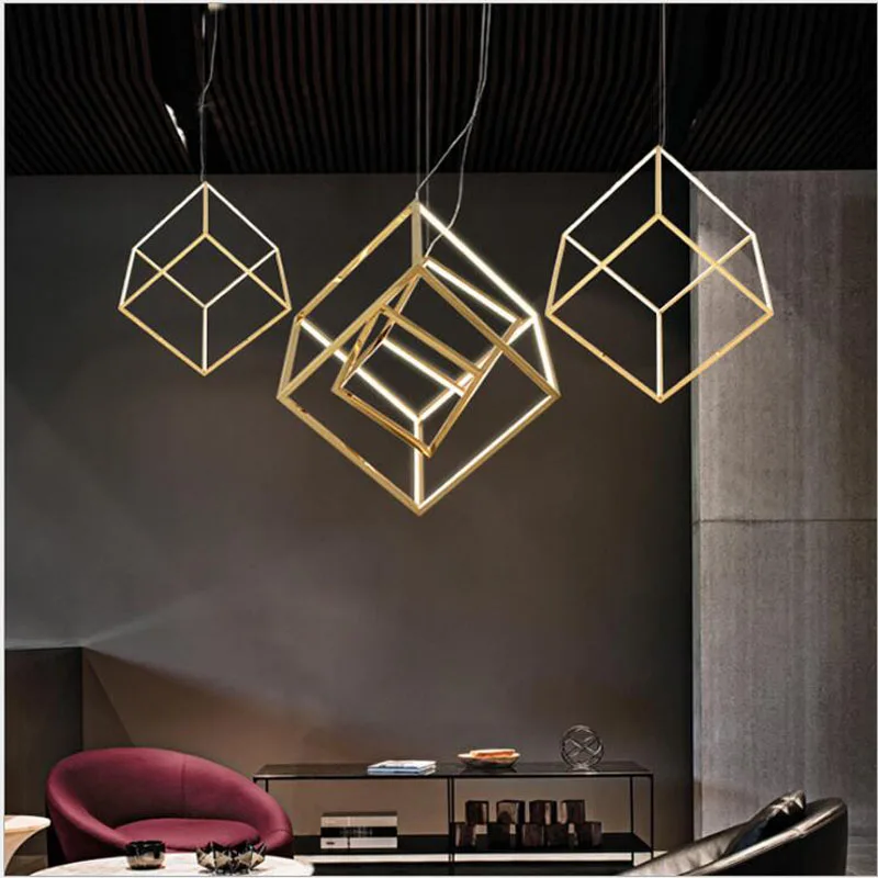 

L Postmodern square box LED personality geometry restaurant bar front desk custom art chandelier led