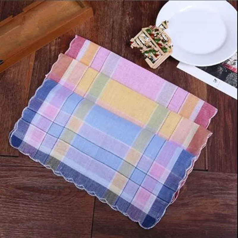 Random Color Womens Ladies Cotton Soft Printed Handkerchief Mixed Color Plaid Pocket Square Hankies 28x28cm BBB1062 12Pcs