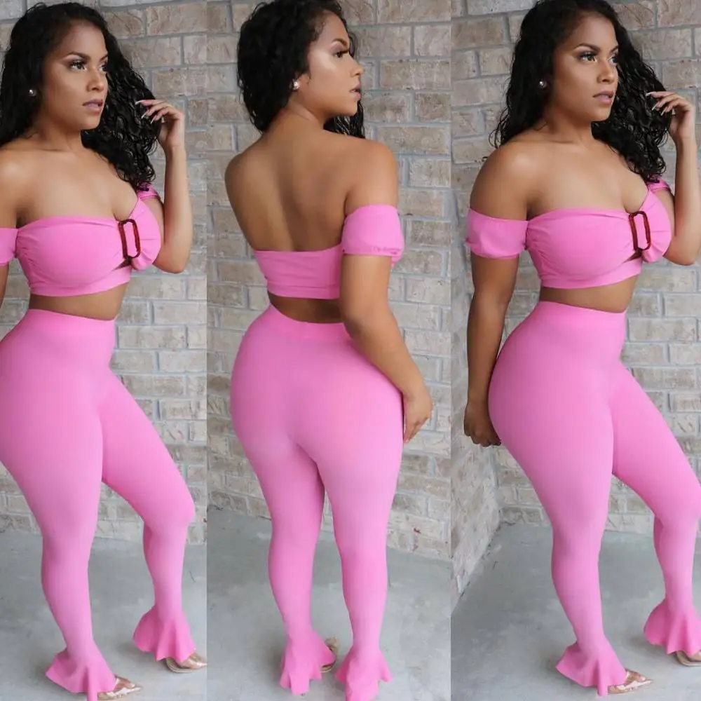 

BKLD Pink Tracksuit Two Piece Set Off Shoulder Short Sleeve Crop Top Flare Pants Women Outfits Two Piece Summer Set 2024 New