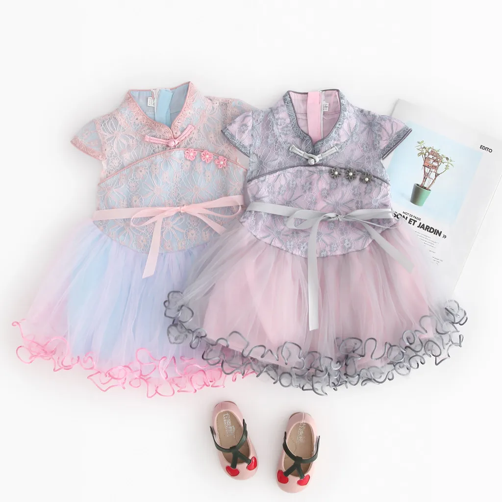 Платье для малышей летние для маленьких девочек s Кружева с цветочными рисунками лоскутное Cheongsam принцессы Винтаж младенческой Детское платье для новорожденных девочек