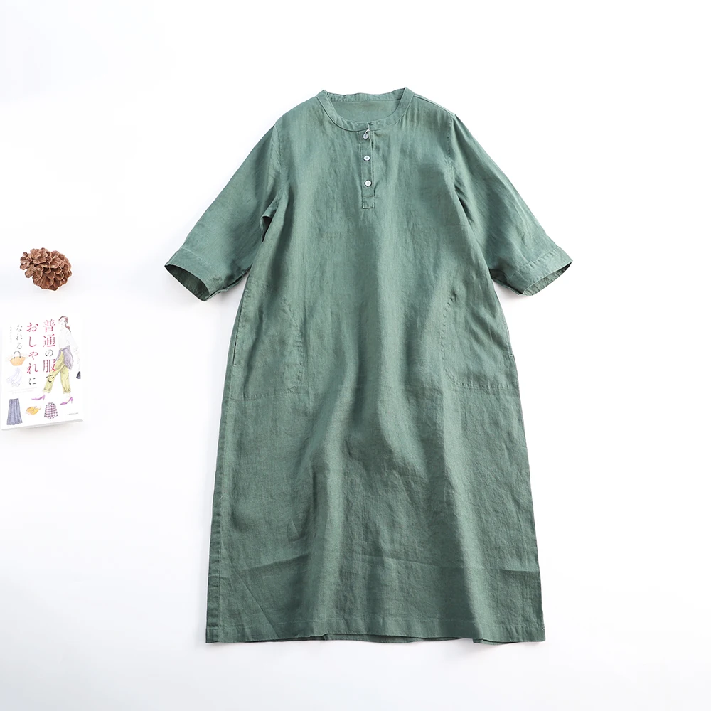 Летние женские свободные платья-рубашки в японском стиле с рукавами три четверти и стоячим воротником