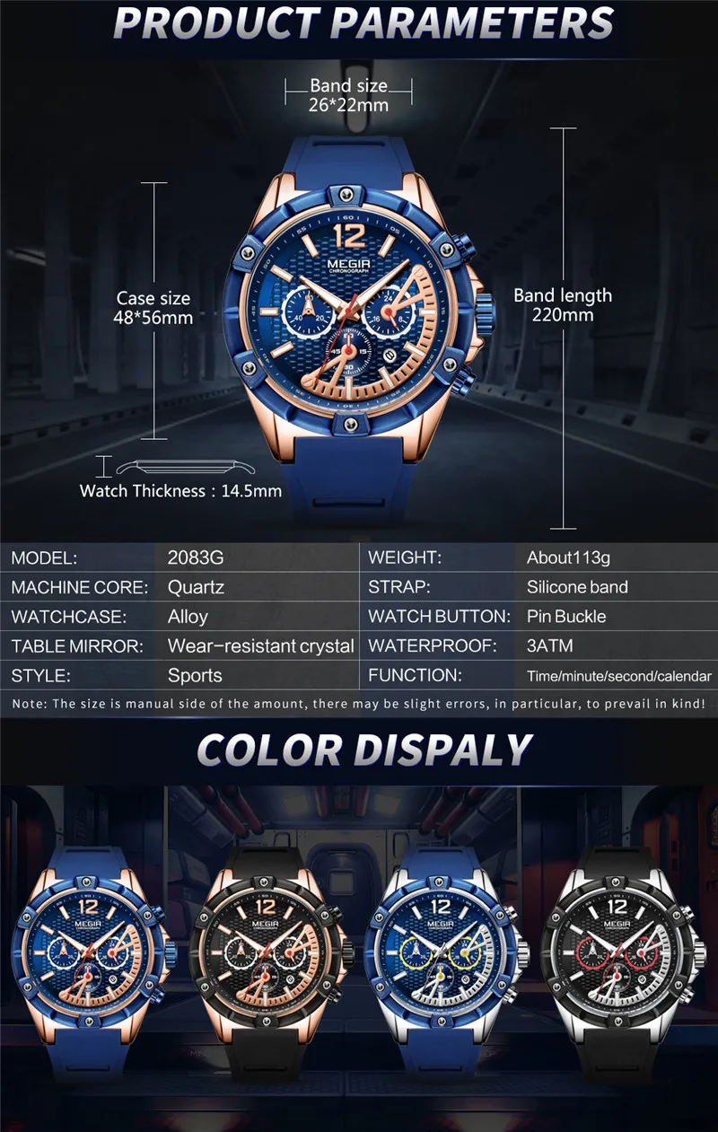 MEGIR мужские часы Топ люксовый бренд хронограф наручные часы военные спортивные синие резиновые деловые мужские часы Relogio Masculino 2083