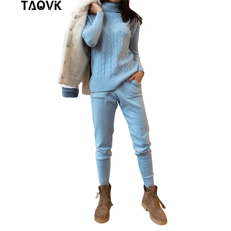 Женский вязаный костюм двойка TAOVK комплект из топа и брюк с высоким воротником
