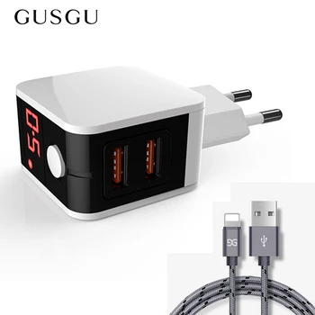 

GUSGU EU Plug Travel Dual USB Wall Adapter Charger for iPhone 7 Plus X XS Max 8 6 S 5 5S iPad with Data Sync USB Cable Charging