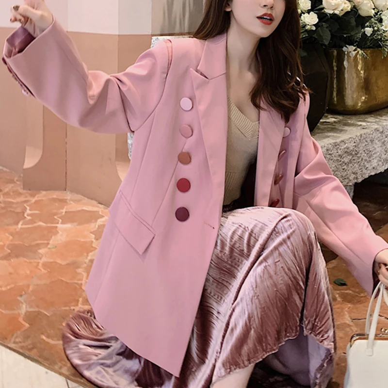 Spring Pink Women Blazers 2019 Solid Double Breasted Korean Loose Female Jacket Long Sleeve Office Ladies Blazer Outwear Femme