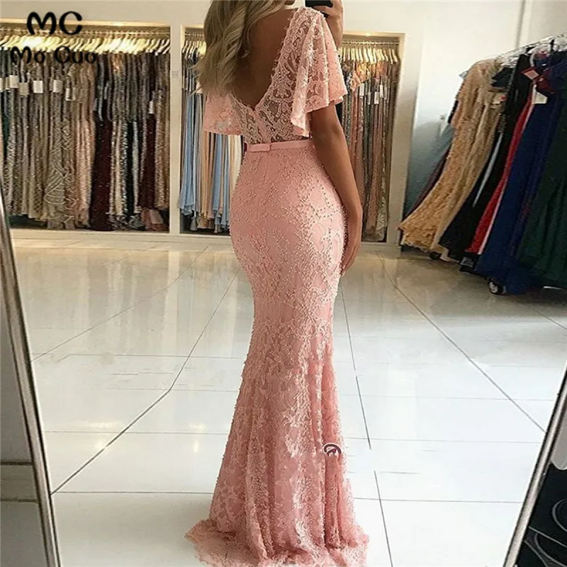 Mermaid V-Neck Half Sleeves Pink Lace Prom Dress with Pearls