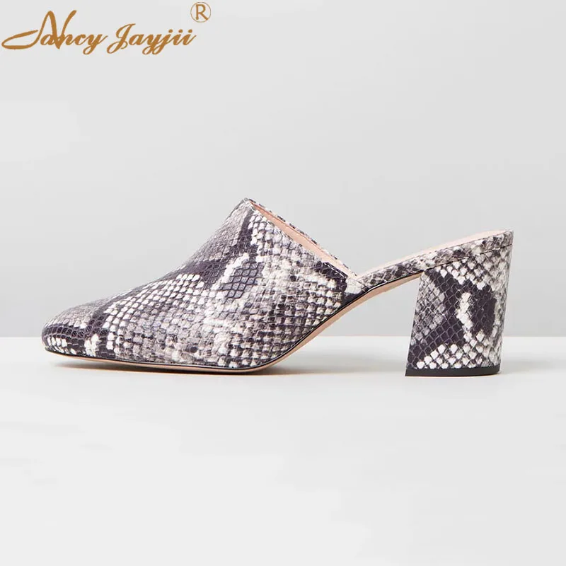 

Snakelike Mules Snake Print Chunky Heels Slippers Woman Closed Round Toe Casual Shoes For Women Plus Size 8 9 15 Spring Summer