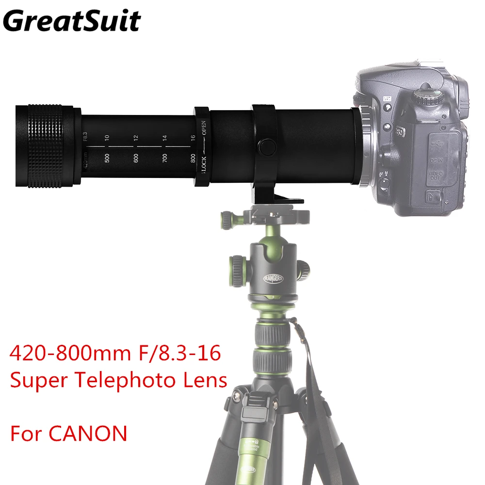 GreatSuit 420-800mm F/8.3-16 Super Telephoto Lens Manual Zoom Lens +T2  Adaper Ring for Canon DSLR Cameras EF EF-S Mount Lens