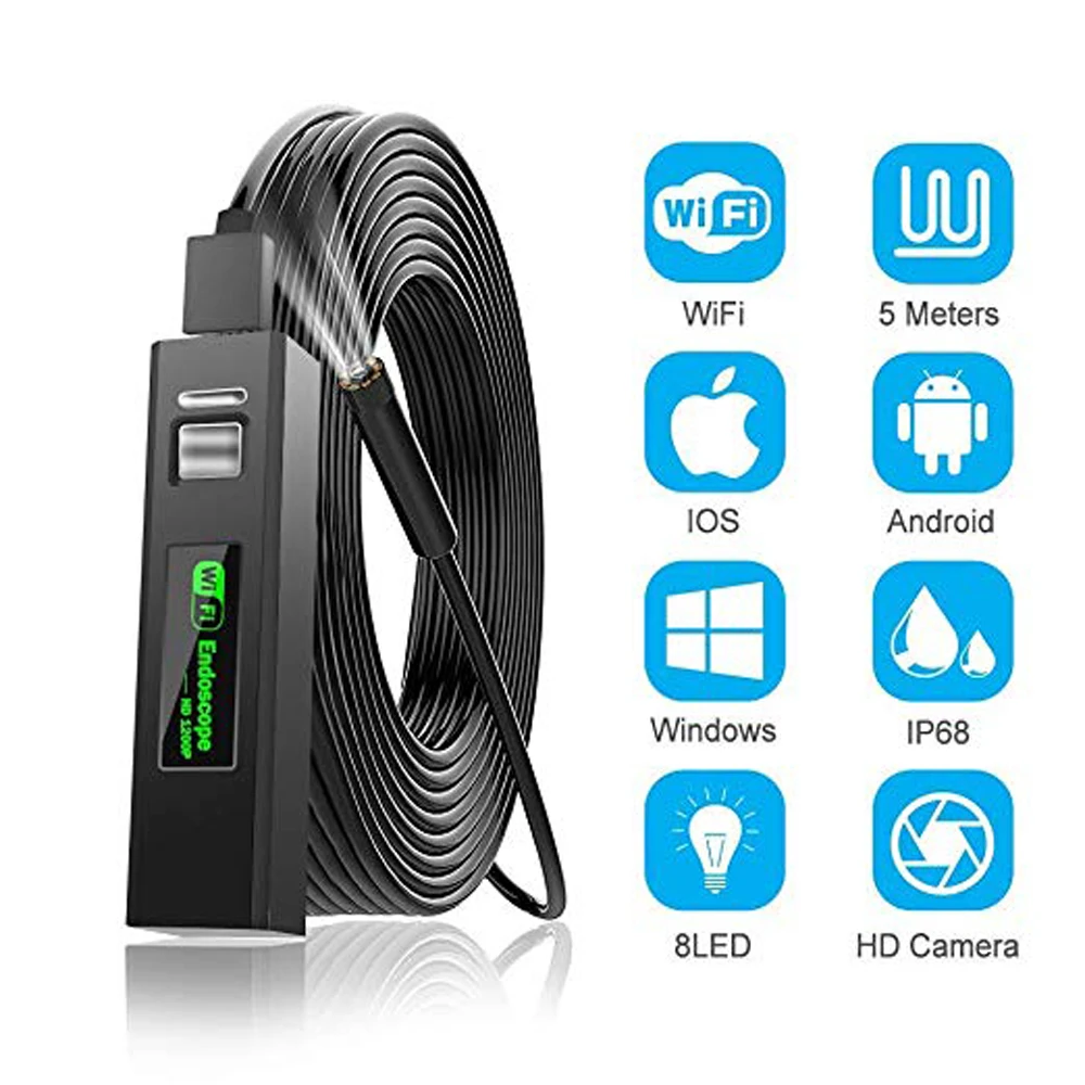 WiFi Borescope Inspection Camera,  1200P IP68 Waterproof 8 LED Lights Snake Camera for iPhone Android iOS Windows Mac (1/10m)