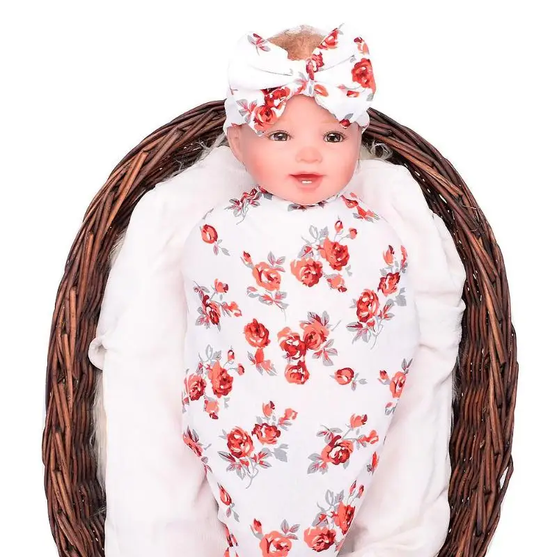 

2pcs/set Baby Blanket Hairband Set Infant Bowknot Flower Print Sleeping Swaddle Wrap Newborn Receiving Blanket