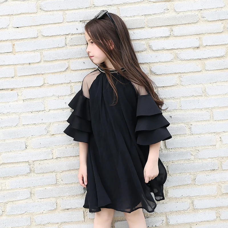 Подросток Летнее платье для девочек 9 10 12 14 16 5 лет черный платье для девочек мода Flare рукавом шифоновое платье для подростков детское платье