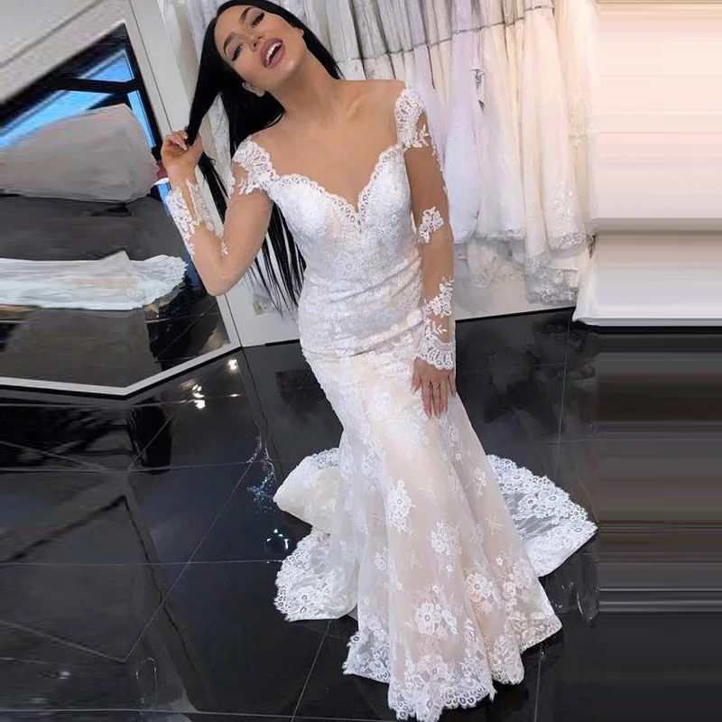

New Gorgeous Lace Appliqued Mermaid Wedding Dresses Long Sleeves Illusion Scoop Bridal Gown 2019 robe de mariee