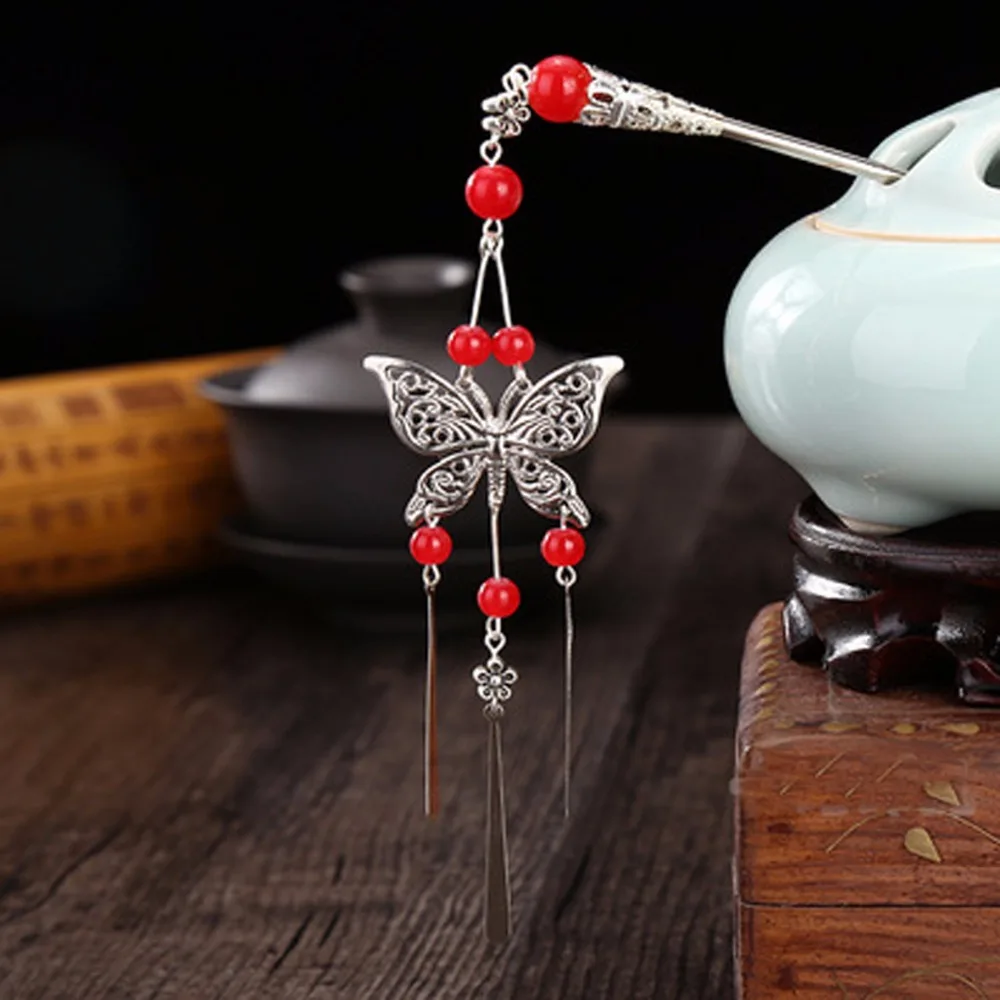 Винтажная Китайская традиционная Серебряная палочка для волос для невесты, сплав, Бабочка, кисточка, бусина, головные украшения для женщин, ювелирное изделие для волос, подарок