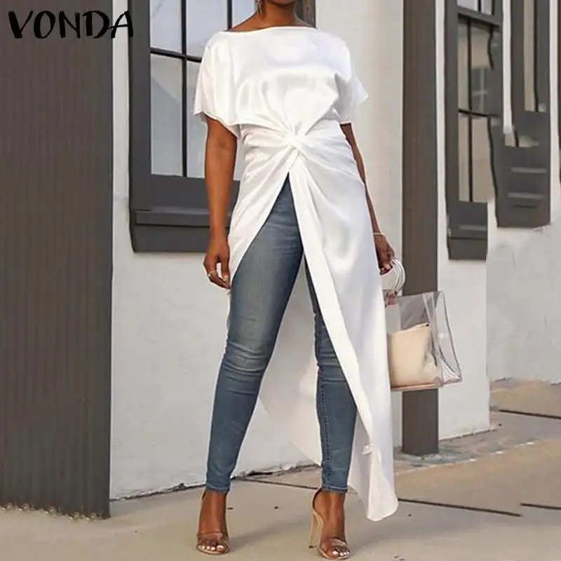 VONDA Women Asymmetrical Blouse 2019 Summer Casual Sexy Split Hem Party Tops Long Ladies Office Shirts Tunic Plus Size Blusas 