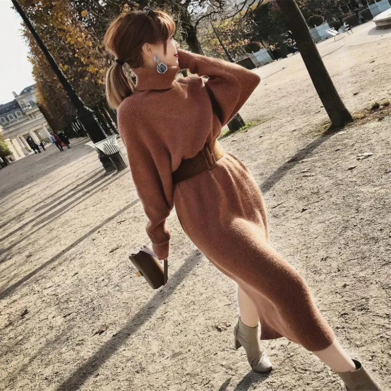 

Woman Turtleneck Sweater Dress With Belt Casual Loose Long Sleeve Kintted Pullover Long Vestido Winter Christmas Party Dresses