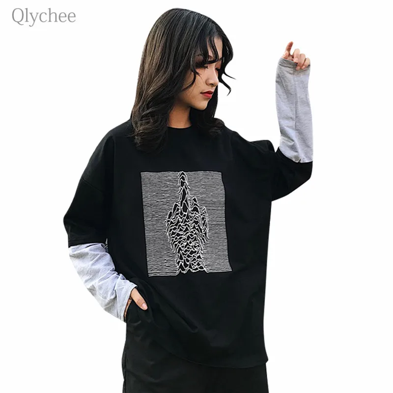 Qlychee палец полосы Лоскутная Толстовка Поддельные 2 шт. с круглым вырезом и длинными рукавами Для женщин толстовка Демисезонный