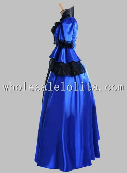 Благородная Готическая черно-голубые викторианские воздушные 1870/90 s платье эпохи бальное платье
