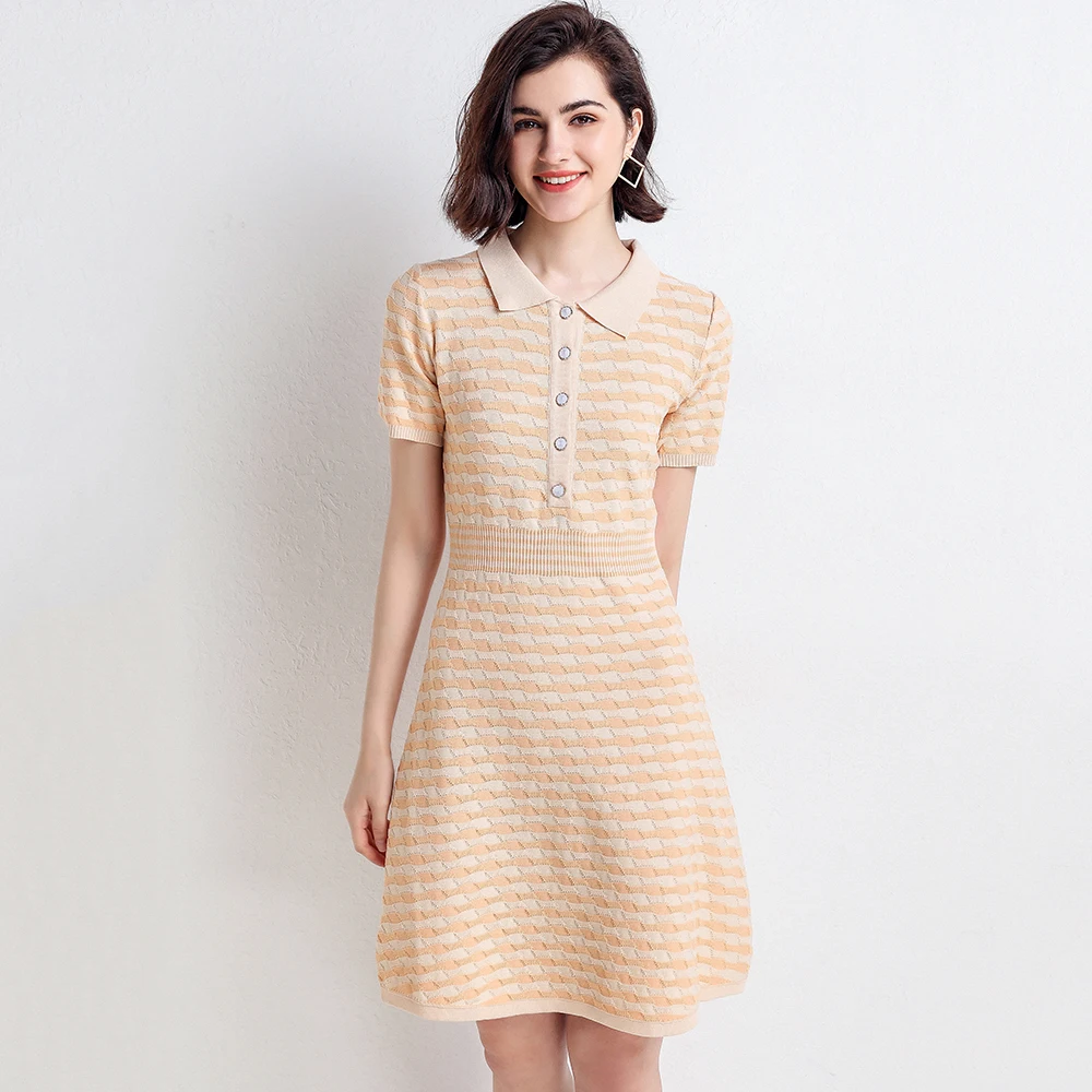

OL dress Women Summer Striped Short Sleeve Button Lapel Collar Knit Dress mini short office work lady casual sweet shift dresses