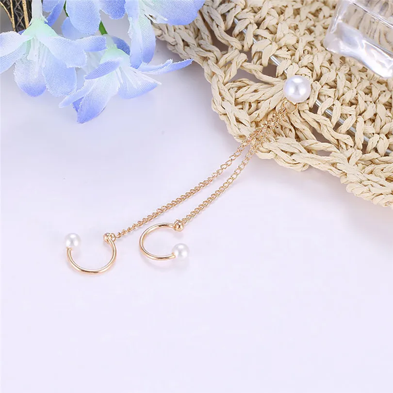 1pc New Punk Girl Imitation pearls Chain Long Tassel Ear Cuff Clip Earrings For Women Jewelry Boucles Pendientes Mujer 30JUL161