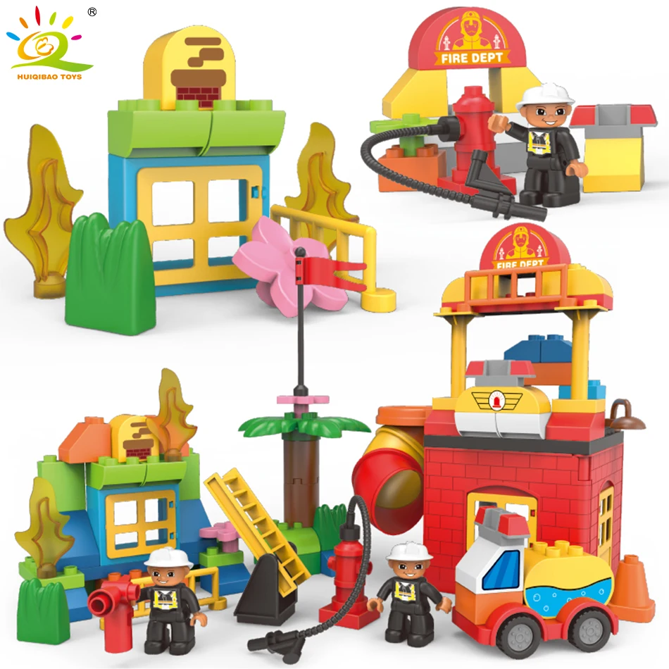 

82pcs Fire Station Fire Truck Big Size Building Blocks Firemen Figures Compatible Legoed Duplo DIY Bricks Toys For Children Baby