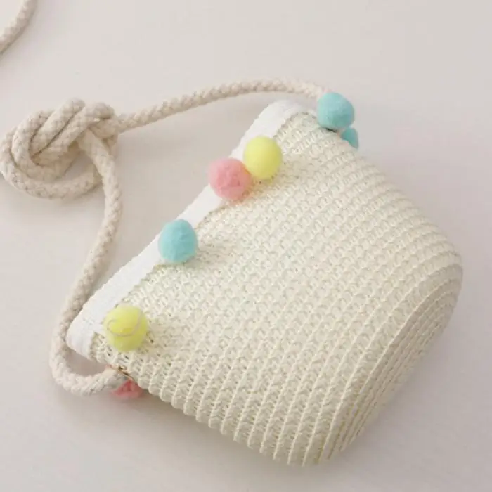 Lovely Hat Bag Set Wavy Straw Hats Colored Balls Cap Single Shoulder Bag for 2-8 years old girls Spring Summer Beach ZJ55