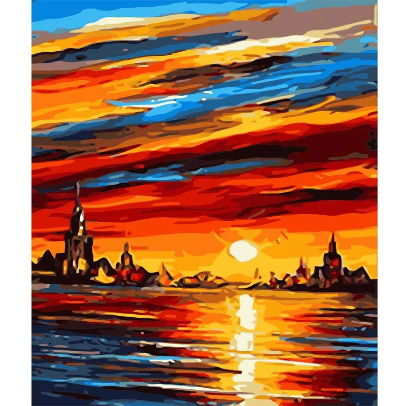 Digital Diy oil painting by numbers Sunrise on the sea wall decor
