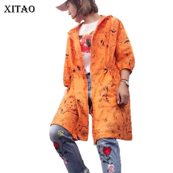 

[XITAO] 2018 New Spring Korea Fashion Women Animal Pattern Print Loose Long Coats Female Half Sleeve Hooded Collar Trench QW060