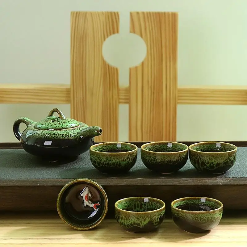 

Chinese Culture Traditional Ceramic Teapot Retro Fish Pattern Tea Cup Porcelain Chinese Kung Fu Tea Set Drinkware Green Yellow
