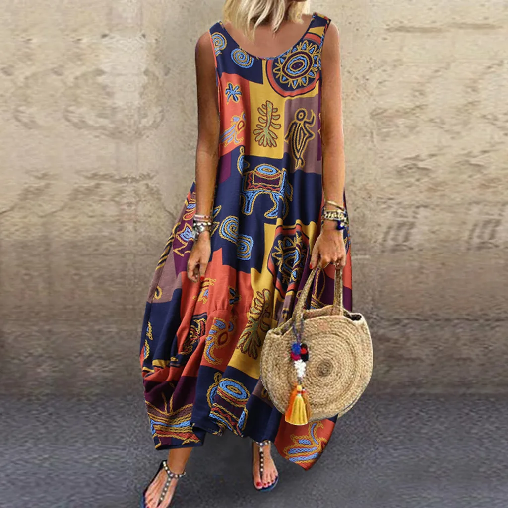 

Bohemian Style Women Vintage Bohemian Print Floral Sleeveless O-Neck High Quality Straps Maxi Dress