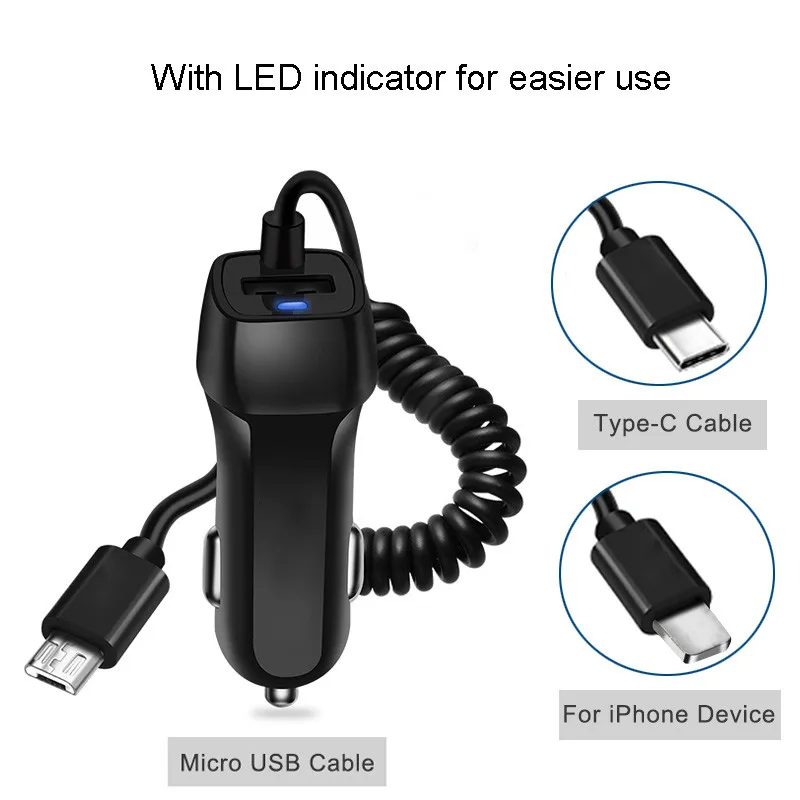 Универсальное автомобильное зарядное устройство USB для iPhone XS MAX XR X 8 Plus автомобильное зарядное устройство с кабелем Micro type C Для адаптер для iPhone для samsung S8