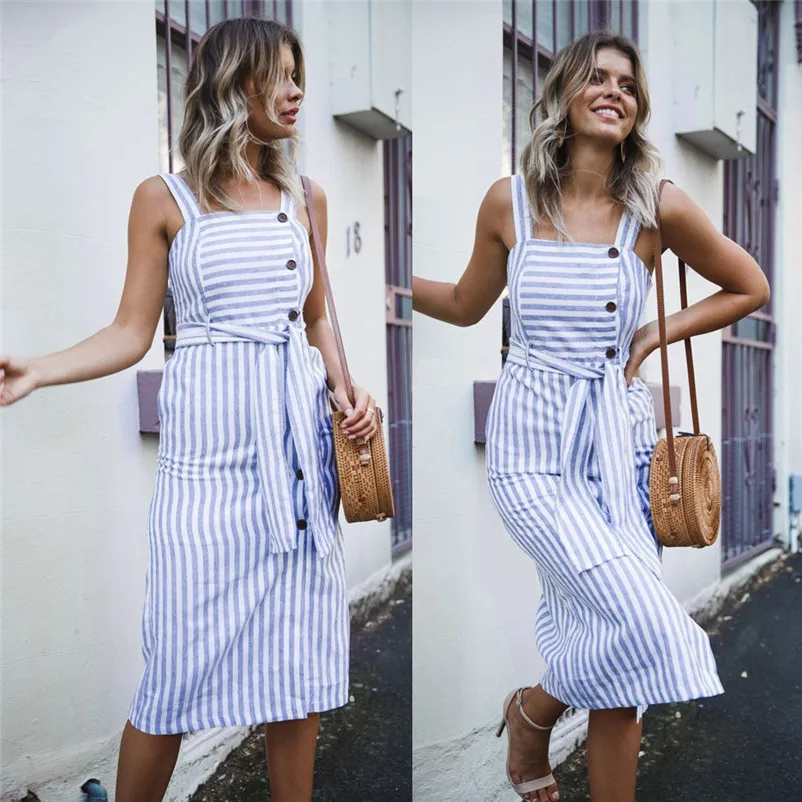 HOT summer dress 2018 beach dress Womens Striped Long Boho Dress Lady Beach Summer Sundrss Button Down Maxi Dress elbise J19#N (14)